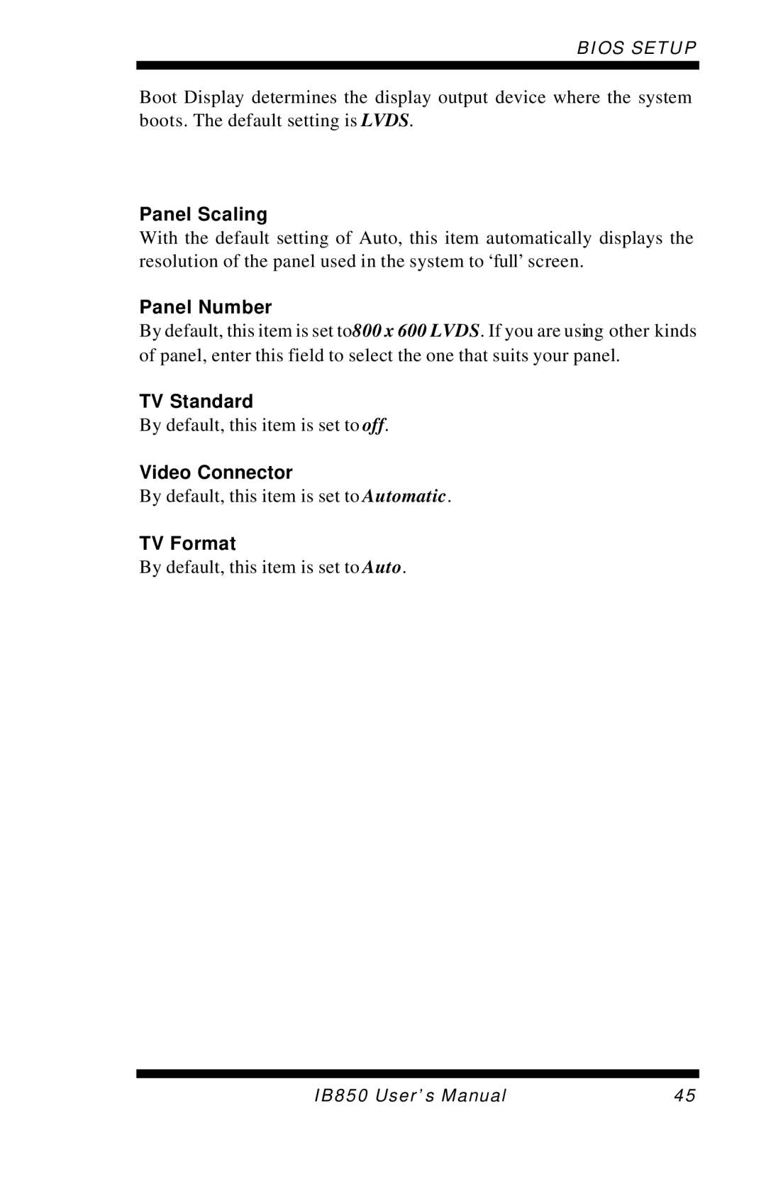 Intel IB850 user manual Panel Scaling, Panel Number, TV Standard, Video Connector, TV Format 