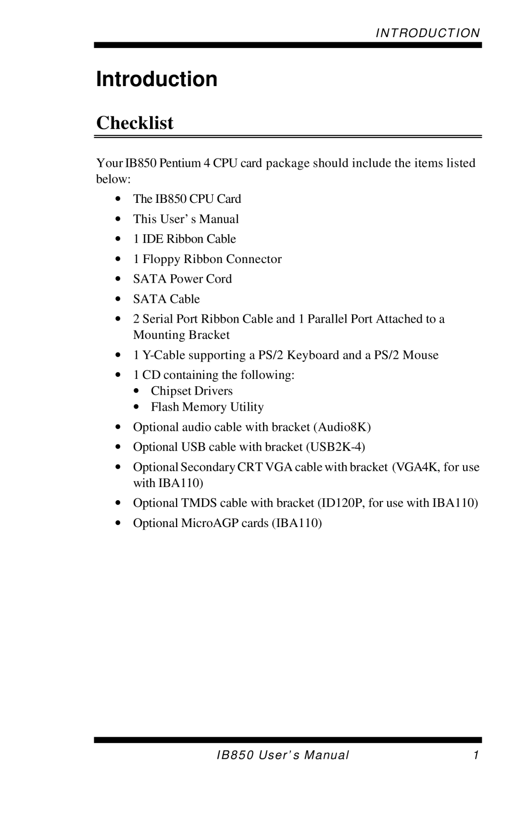 Intel IB850 user manual Introduction, Checklist 