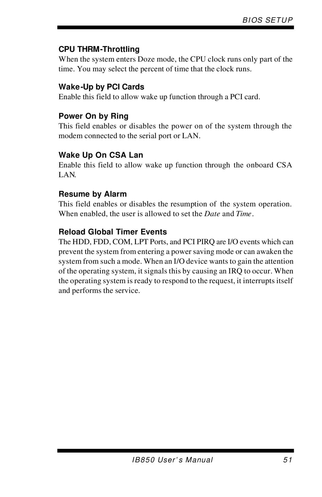 Intel IB850 user manual CPU THRM-Throttling, Wake -Up by PCI Cards, Power On by Ring, Wake Up On CSA Lan, Resume by Alarm 