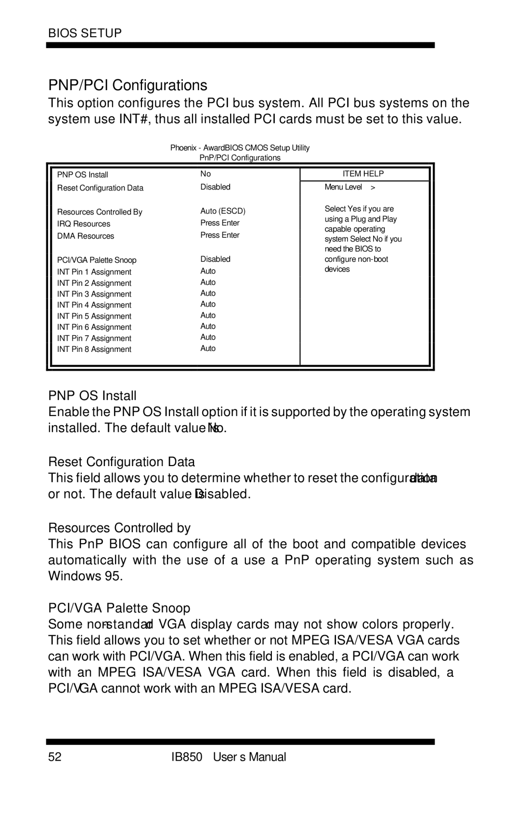 Intel IB850 user manual PNP/PCI Configurations, PNP OS Install, Reset Configuration Data, Resources Controlled by 