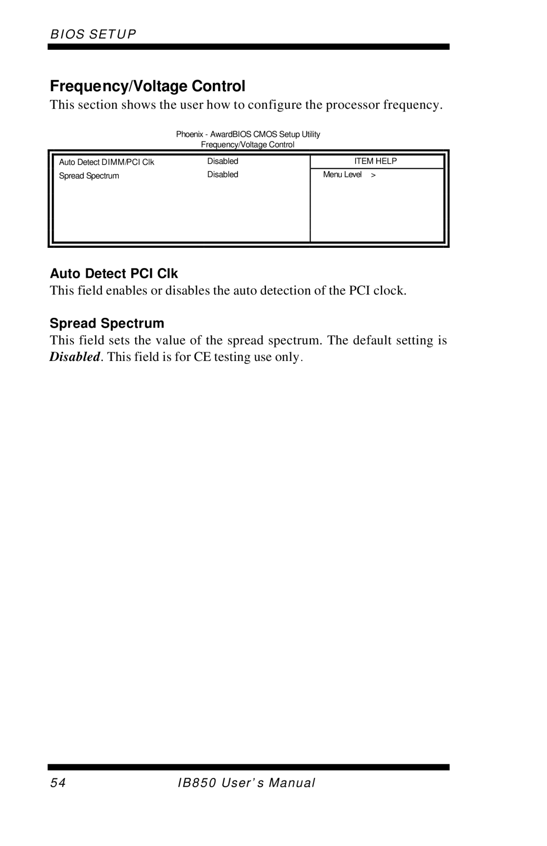 Intel IB850 user manual Frequency/Voltage Control, Auto Detect PCI Clk, Spread Spectrum 