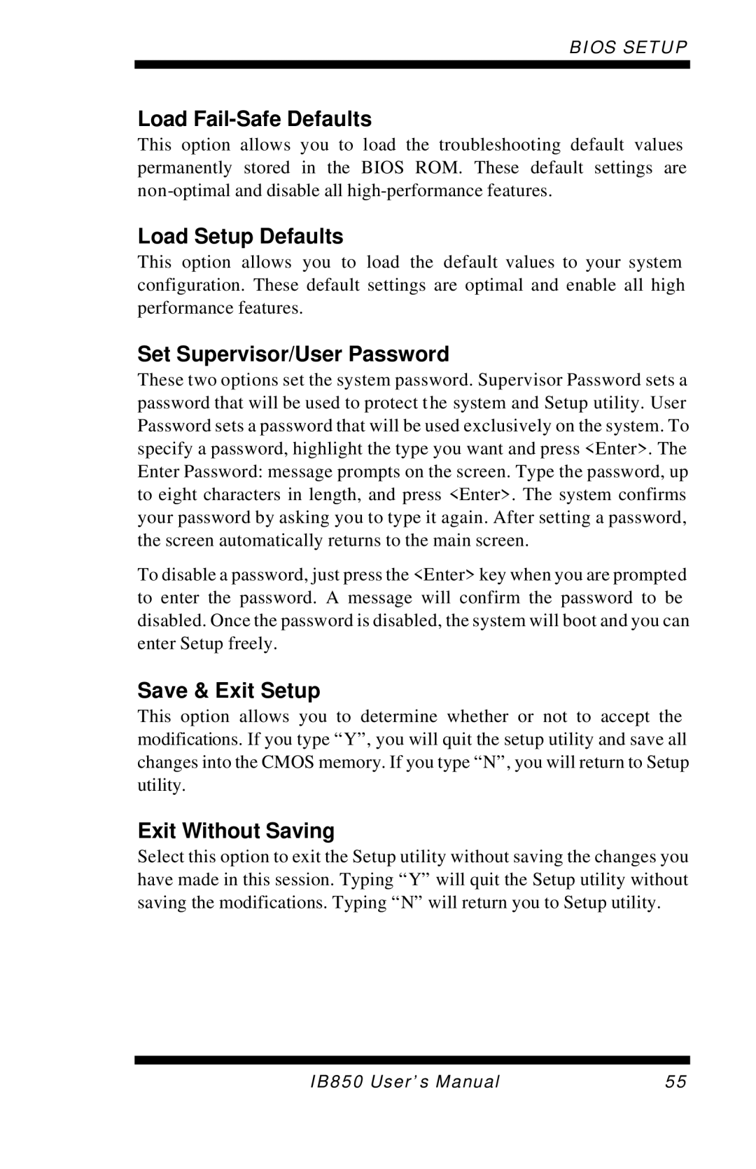 Intel IB850 user manual Load Fail-Safe Defaults, Load Setup Defaults, Set Supervisor/User Password, Save & Exit Setup 