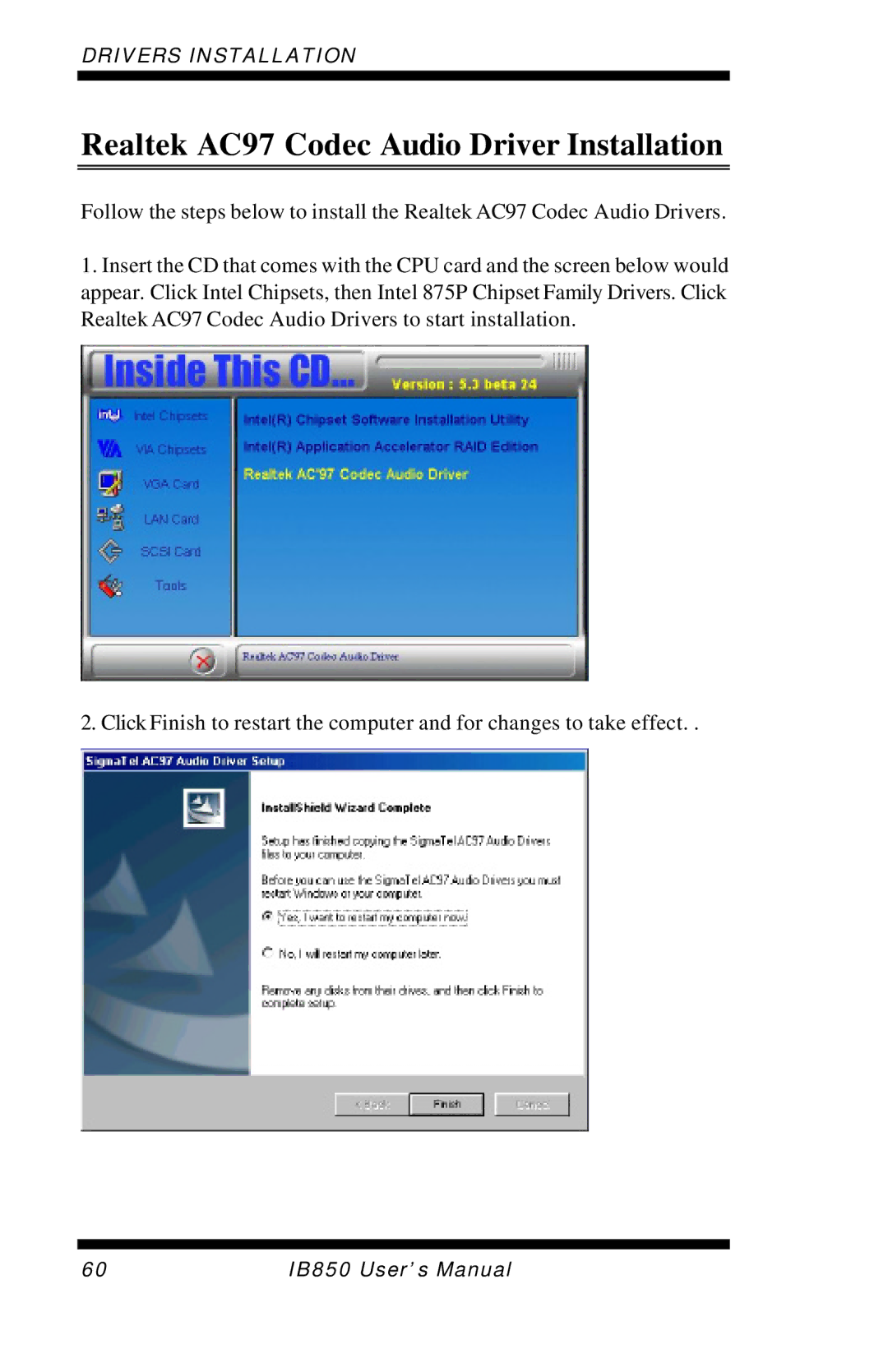 Intel IB850 user manual Realtek AC97 Codec Audio Driver Installation 