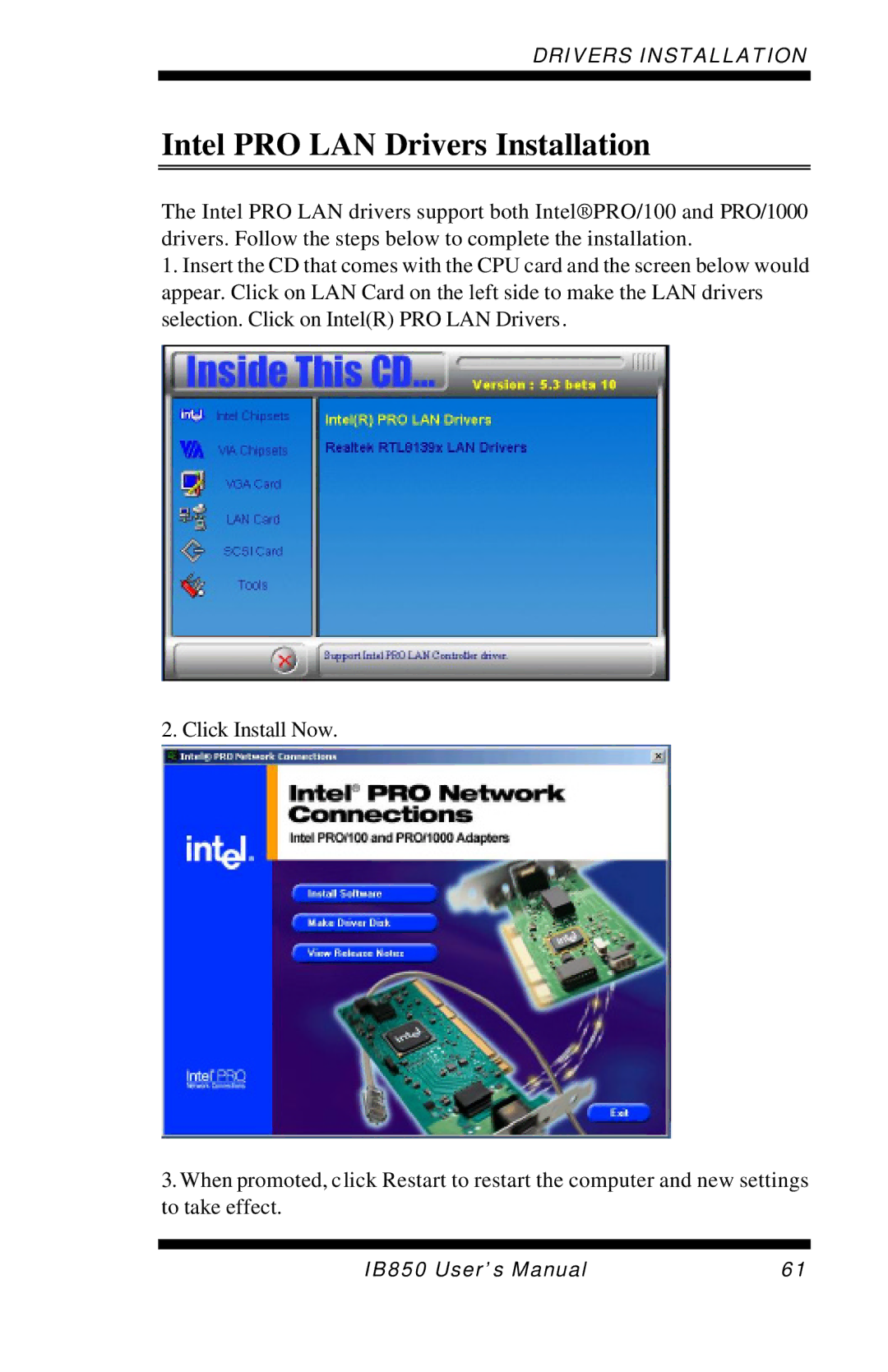 Intel IB850 user manual Intel PRO LAN Drivers Installation 