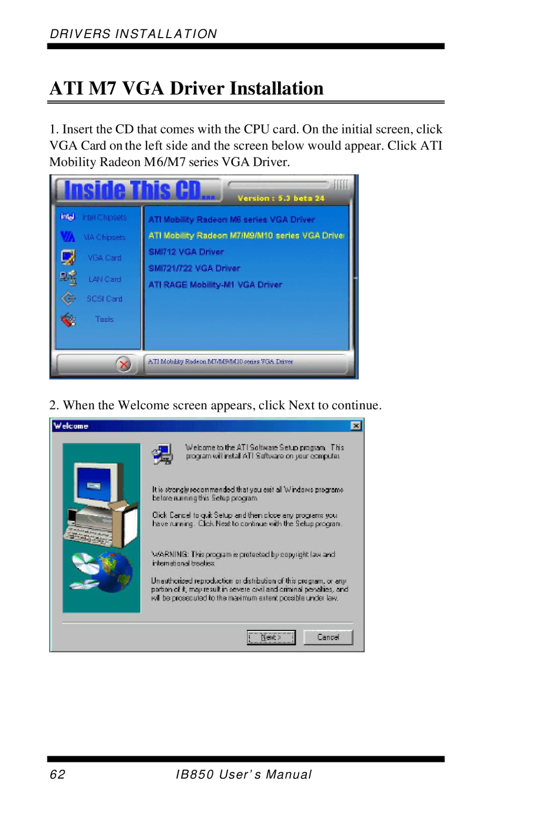 Intel IB850 user manual ATI M7 VGA Driver Installation 