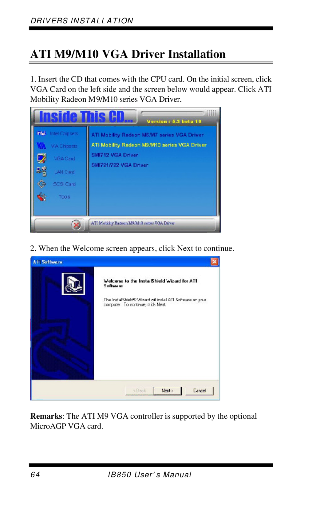 Intel IB850 user manual ATI M9/M10 VGA Driver Installation 