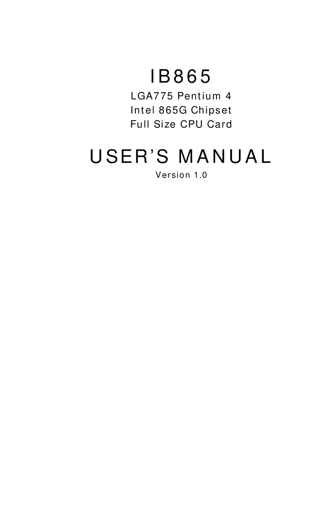 Intel 865G, IB865 user manual USER’S Manual, Version 