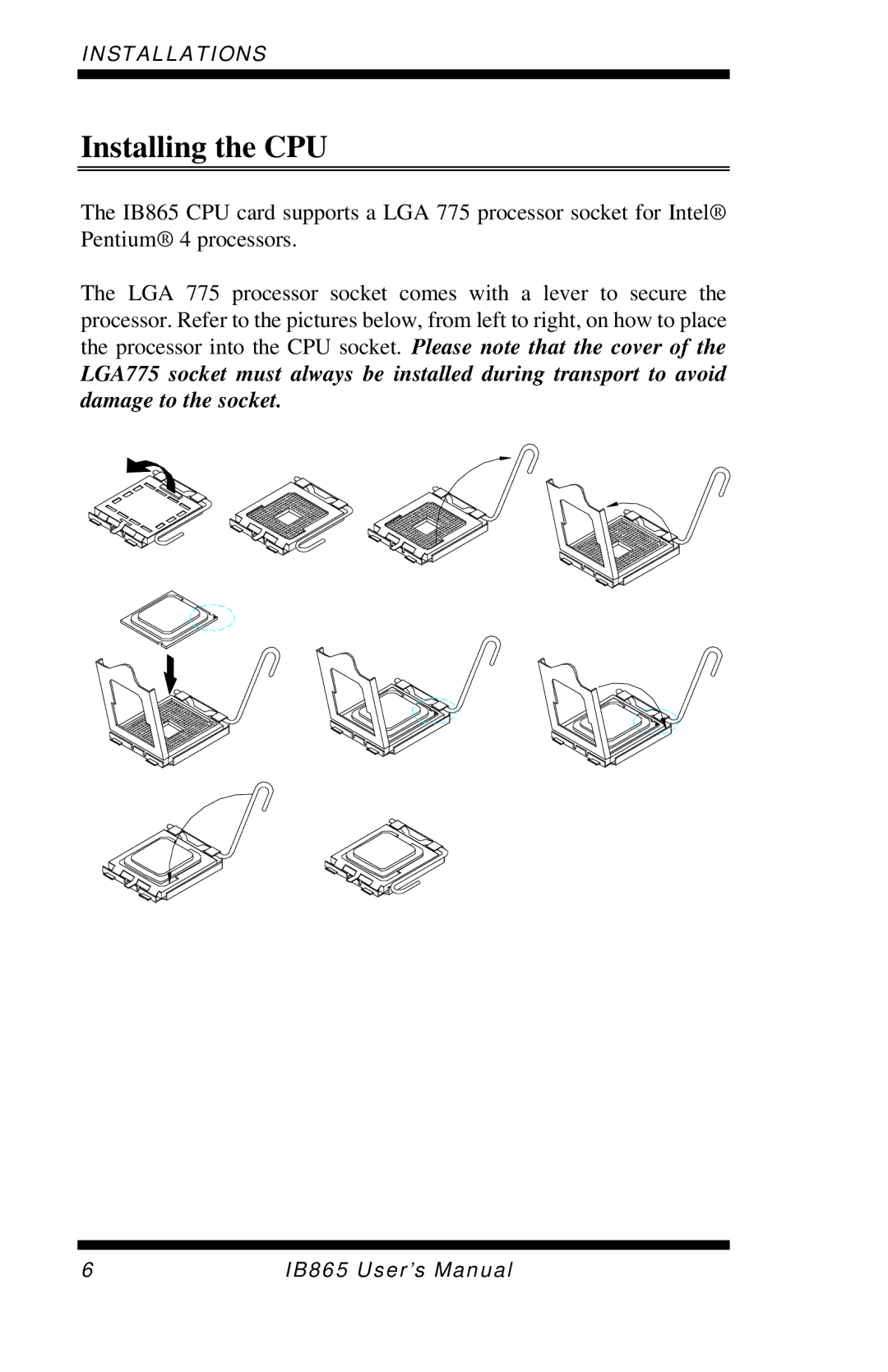 Intel IB865, 865G user manual Installing the CPU 