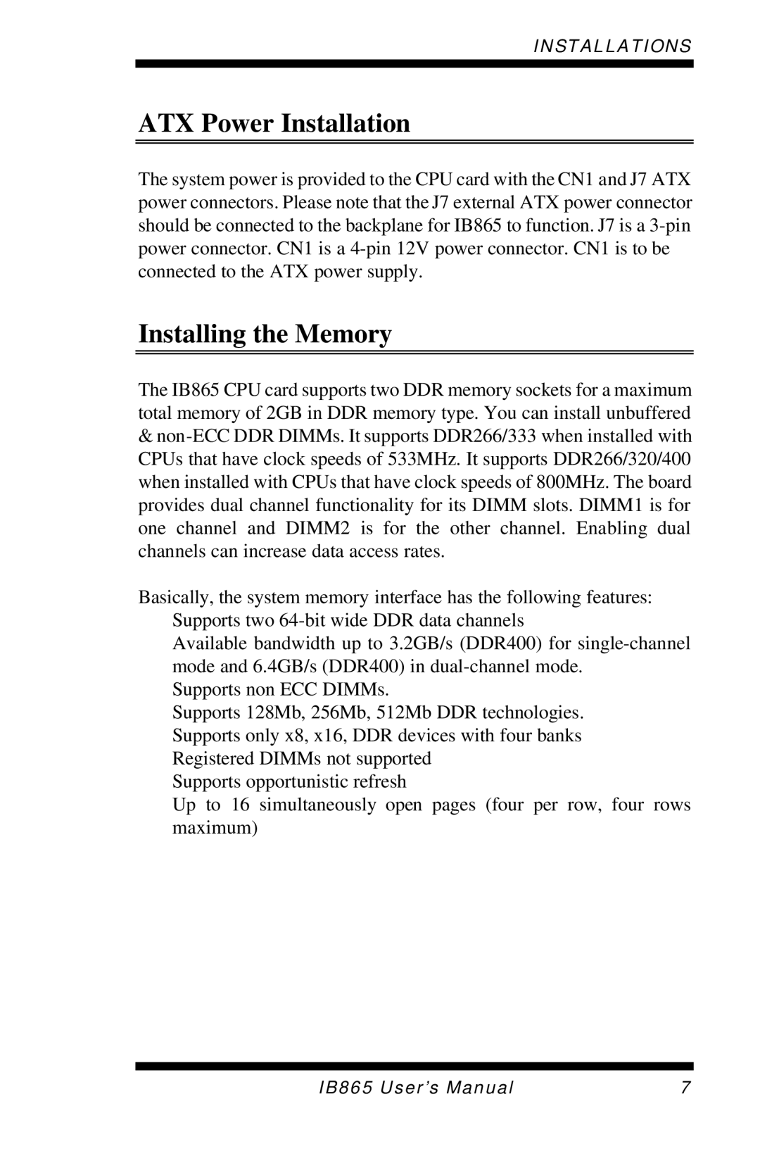 Intel 865G, IB865 user manual ATX Power Installation, Installing the Memory 