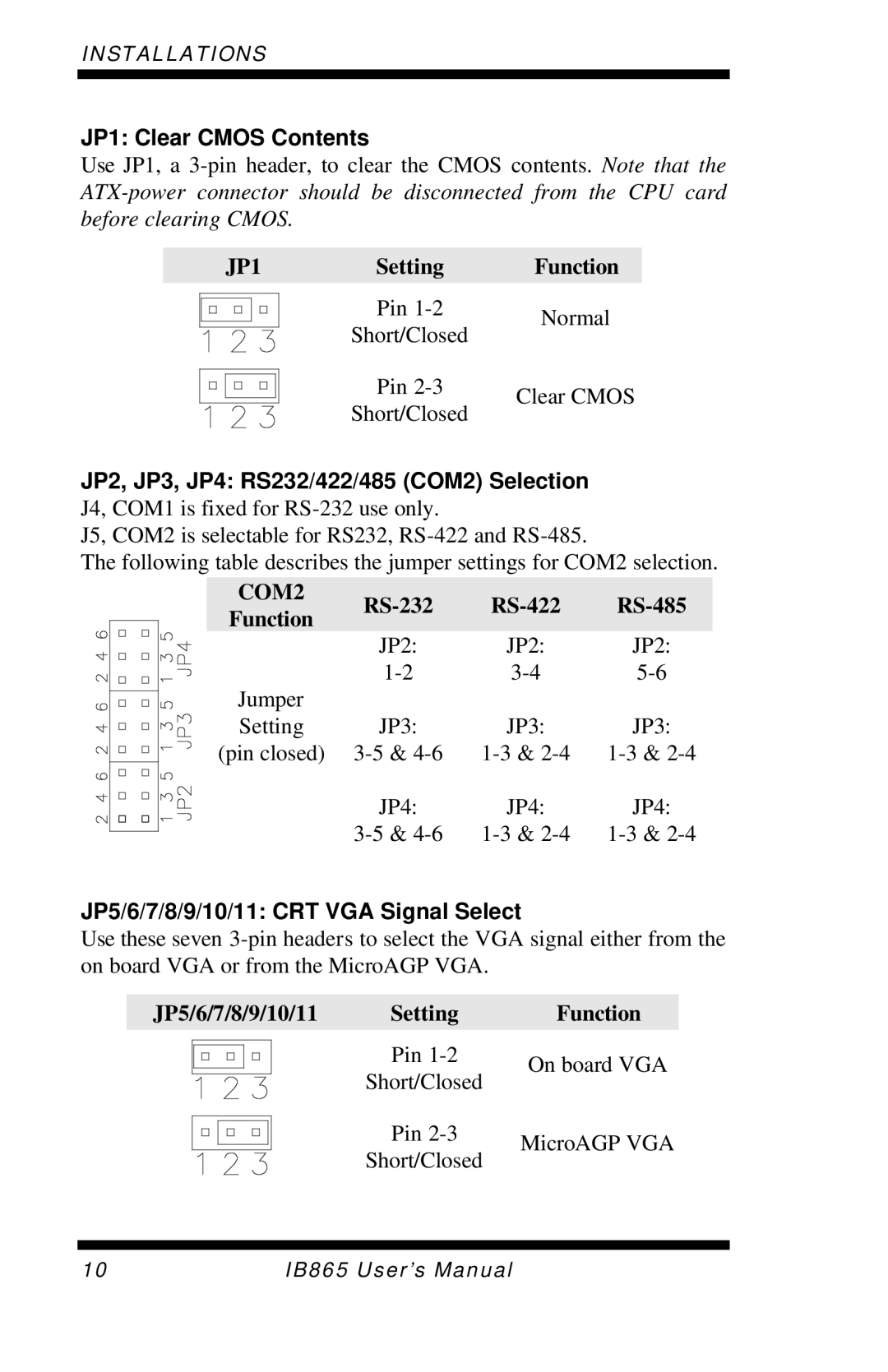 Intel IB865, 865G user manual JP1 Clear Cmos Contents, JP5/6/7/8/9/10/11 CRT VGA Signal Select 