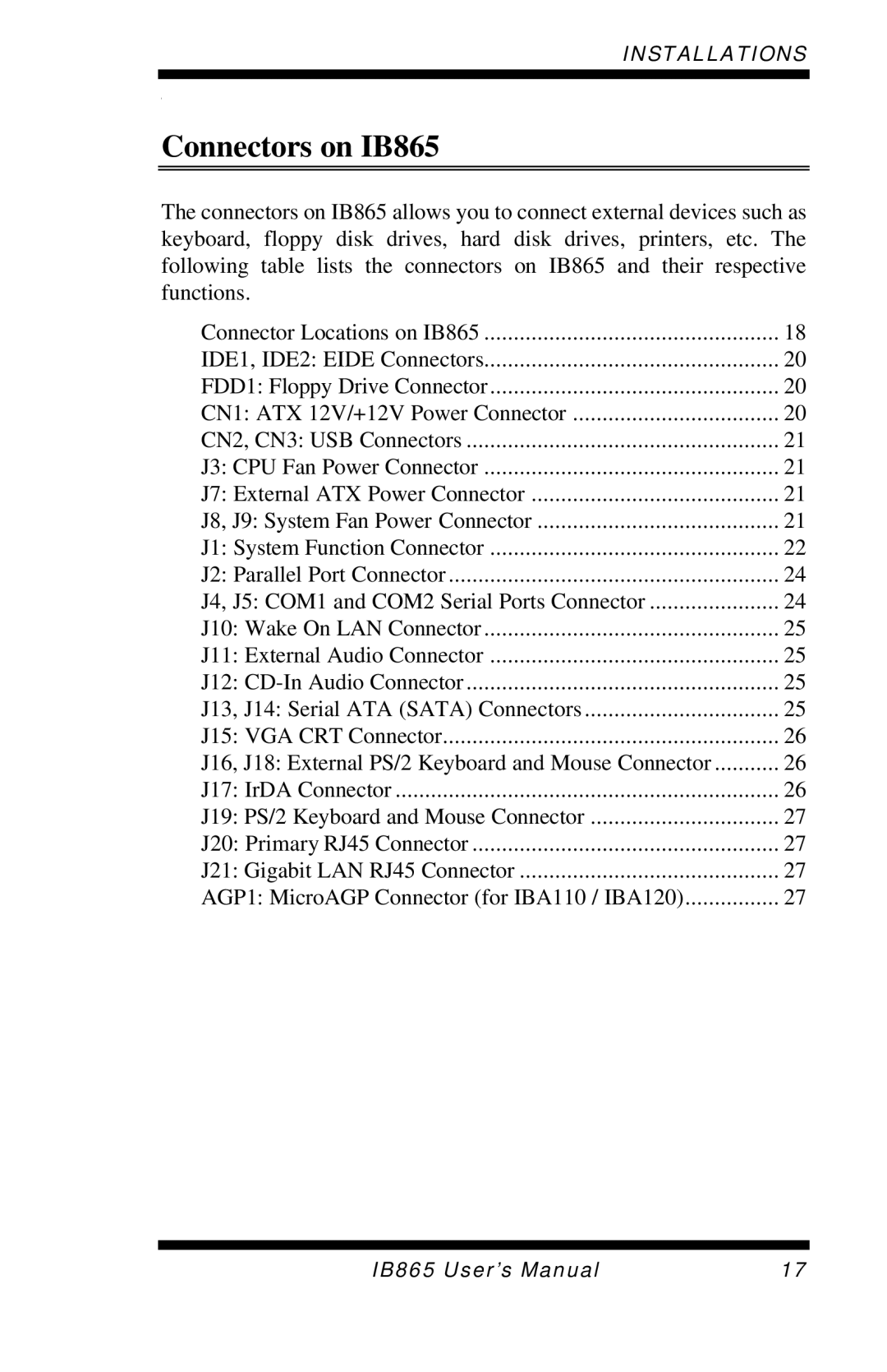 Intel 865G user manual Connectors on IB865 