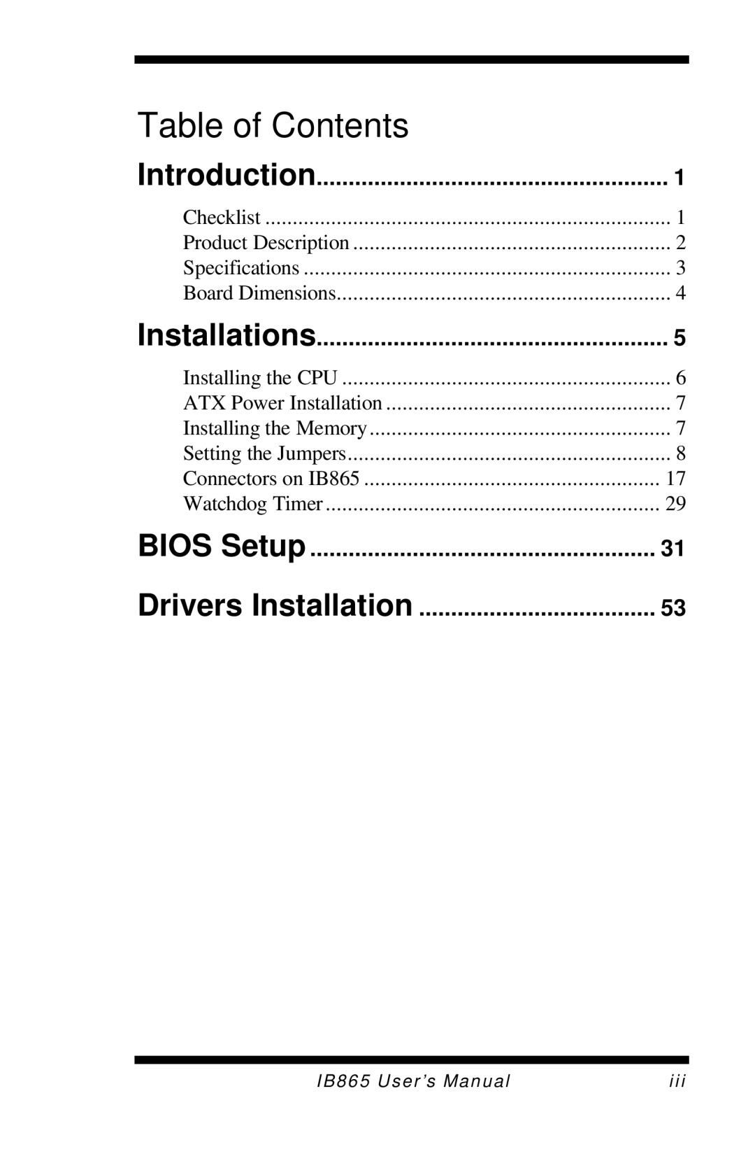 Intel 865G, IB865 user manual Table of Contents 