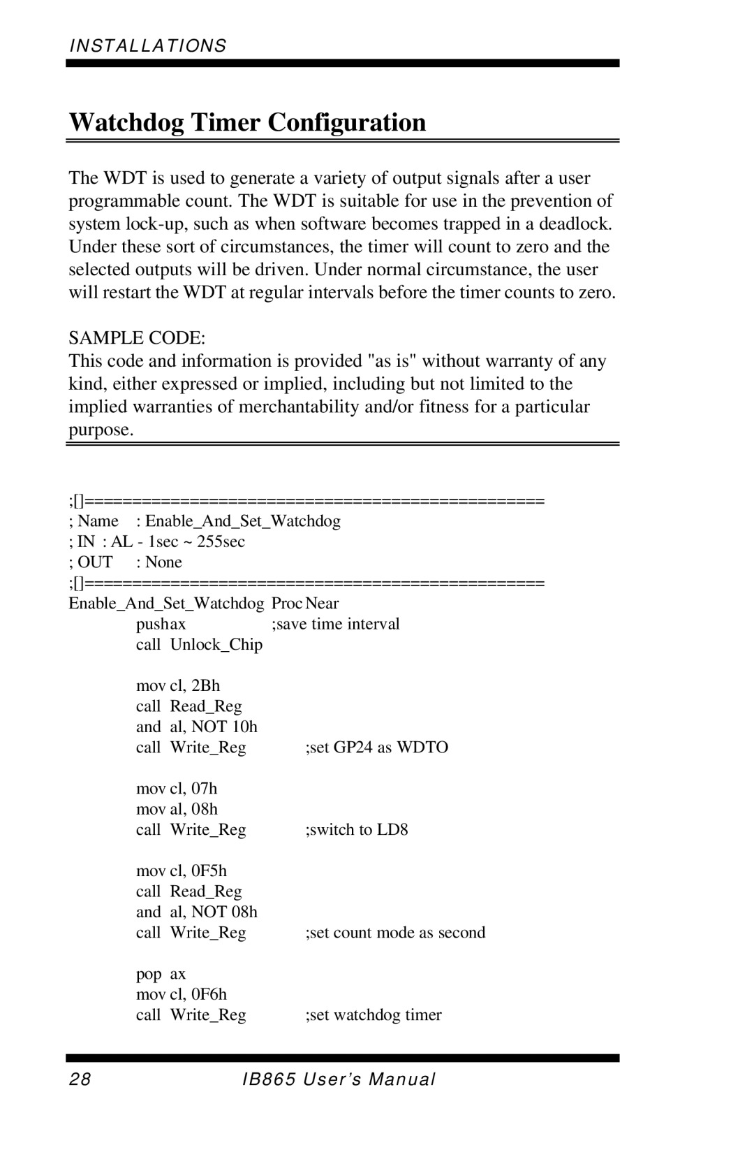 Intel IB865, 865G user manual Watchdog Timer Configuration, Sample Code 