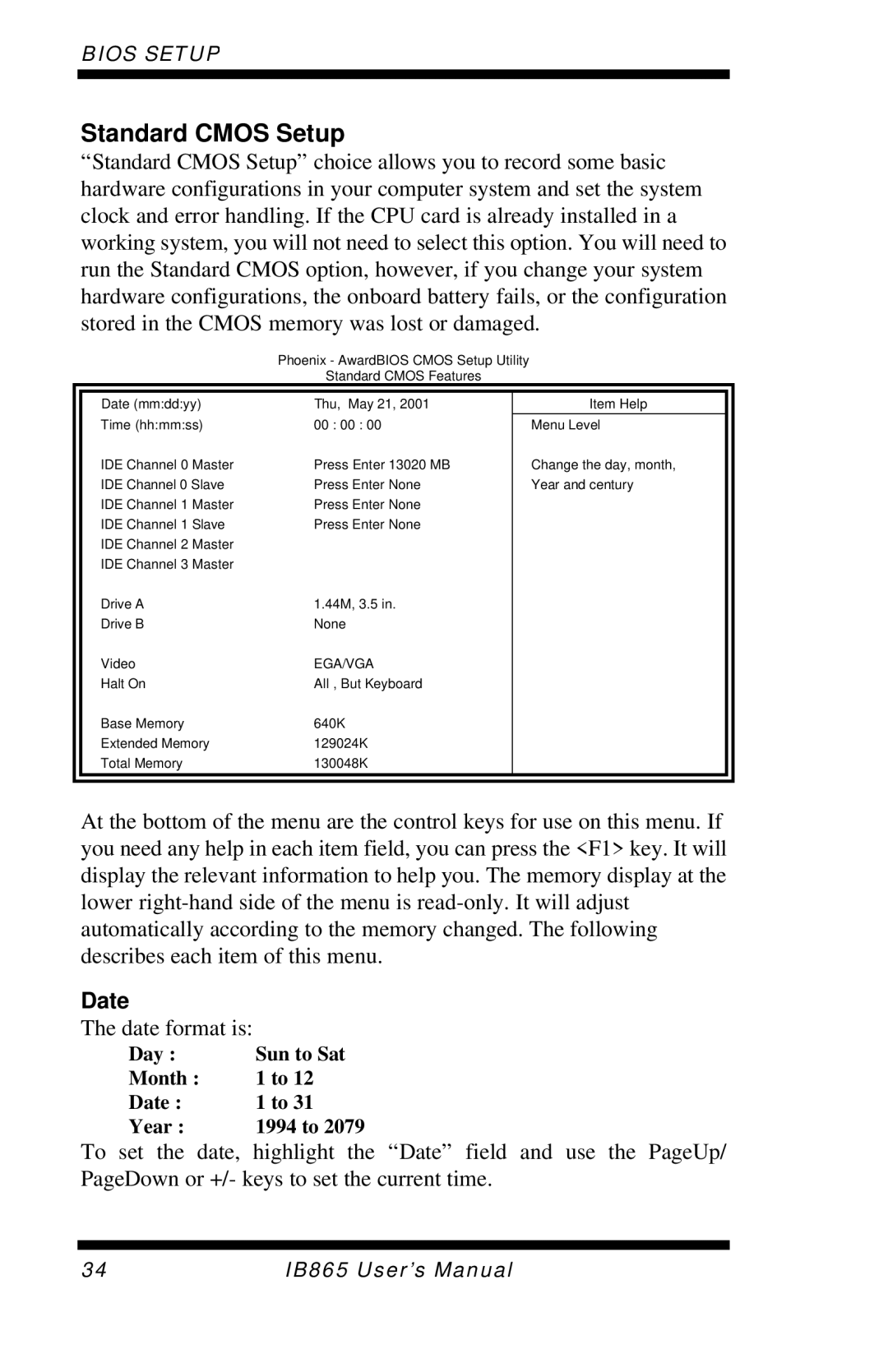 Intel IB865, 865G user manual Standard Cmos Setup, Date 