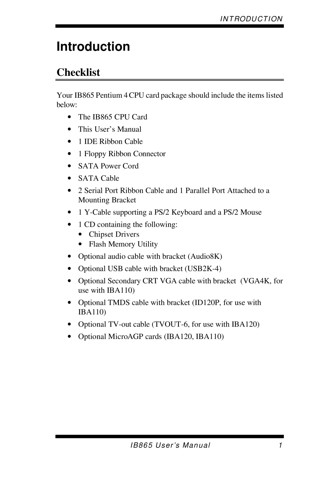 Intel 865G, IB865 user manual Introduction, Checklist 