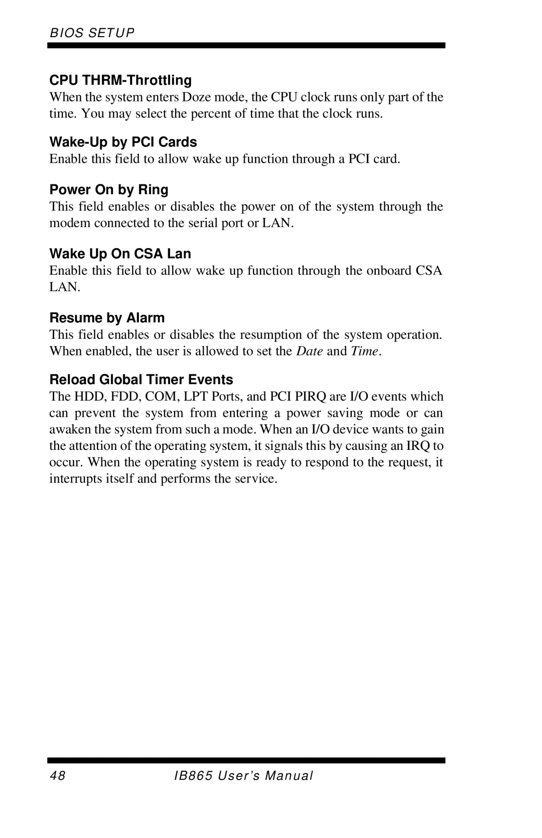 Intel IB865, 865G CPU THRM-Throttling, Wake-Up by PCI Cards, Power On by Ring, Wake Up On CSA Lan, Resume by Alarm 