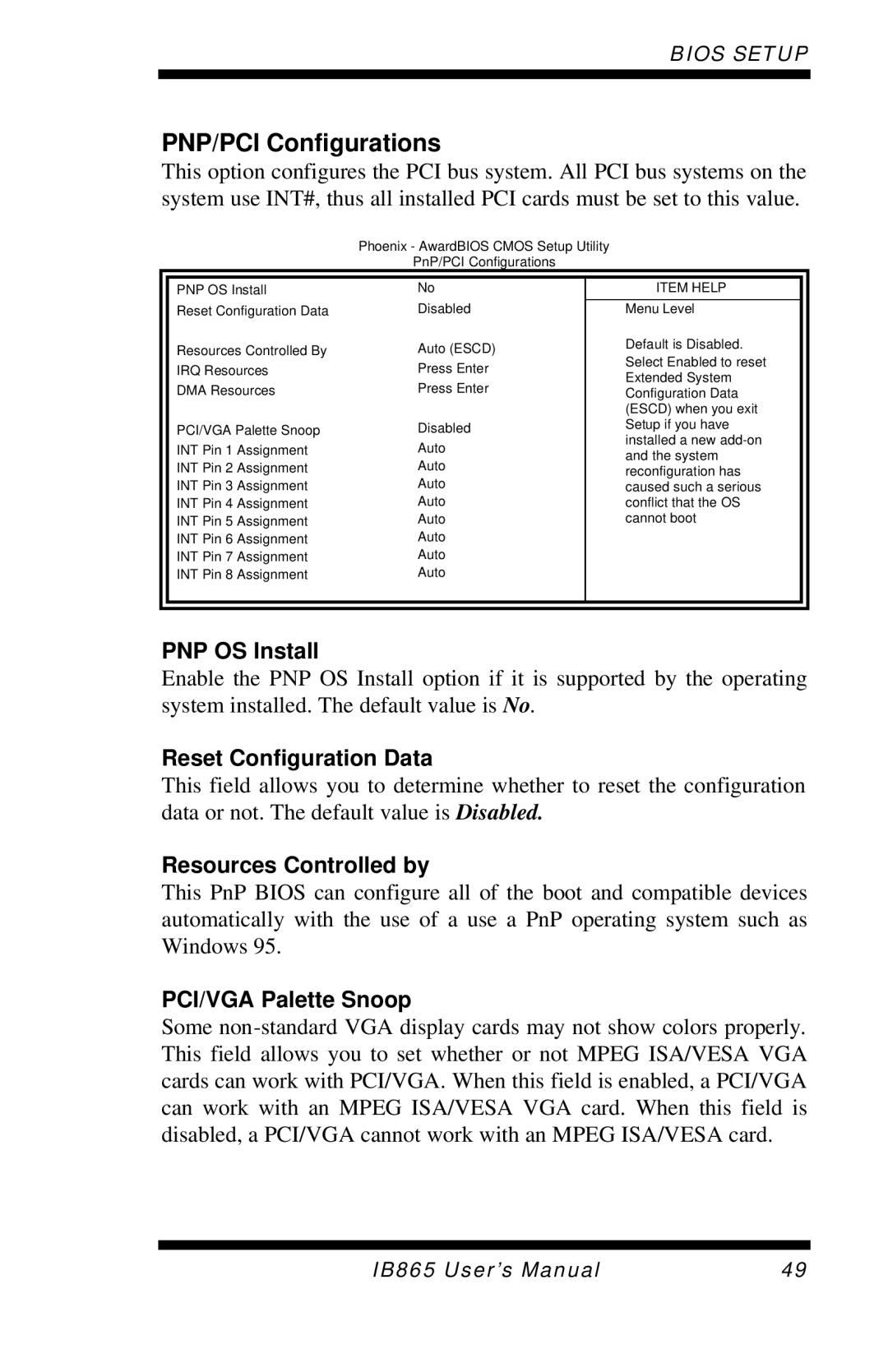 Intel 865G, IB865 user manual PNP/PCI Configurations, PNP OS Install, Reset Configuration Data, Resources Controlled by 