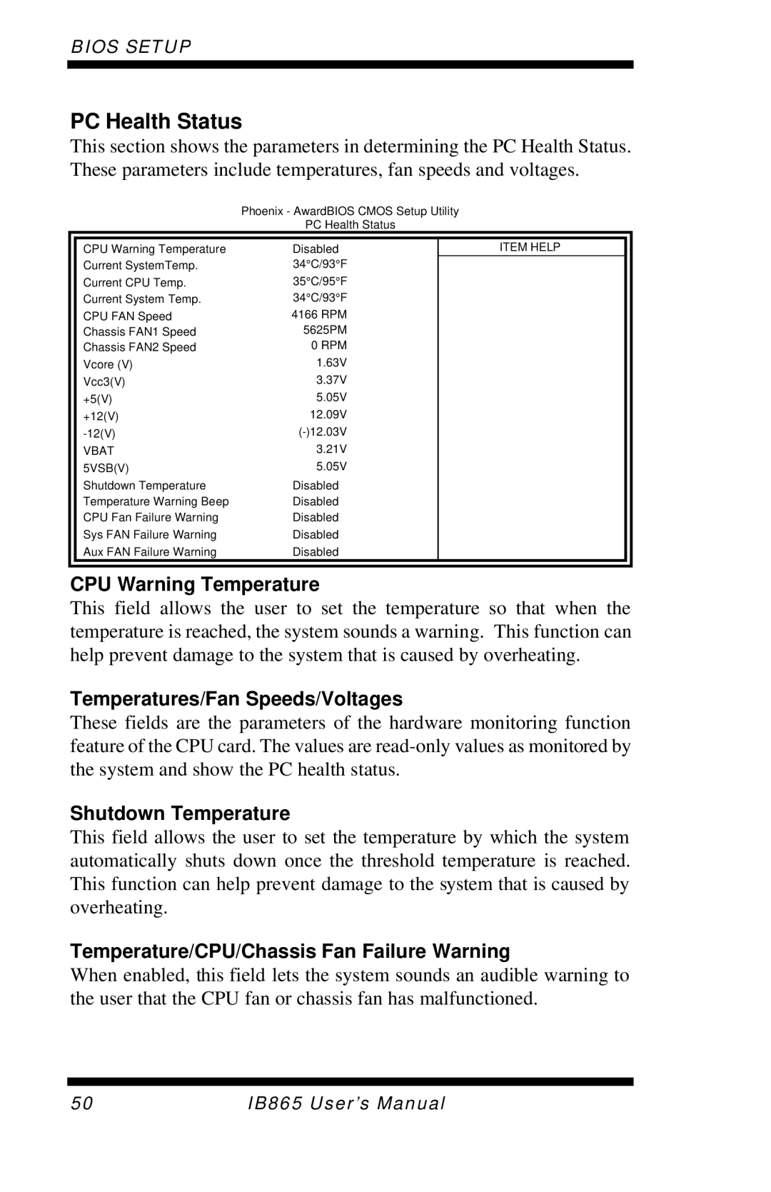 Intel IB865, 865G PC Health Status, CPU Warning Temperature, Temperatures/Fan Speeds/Voltages, Shutdown Temperature 