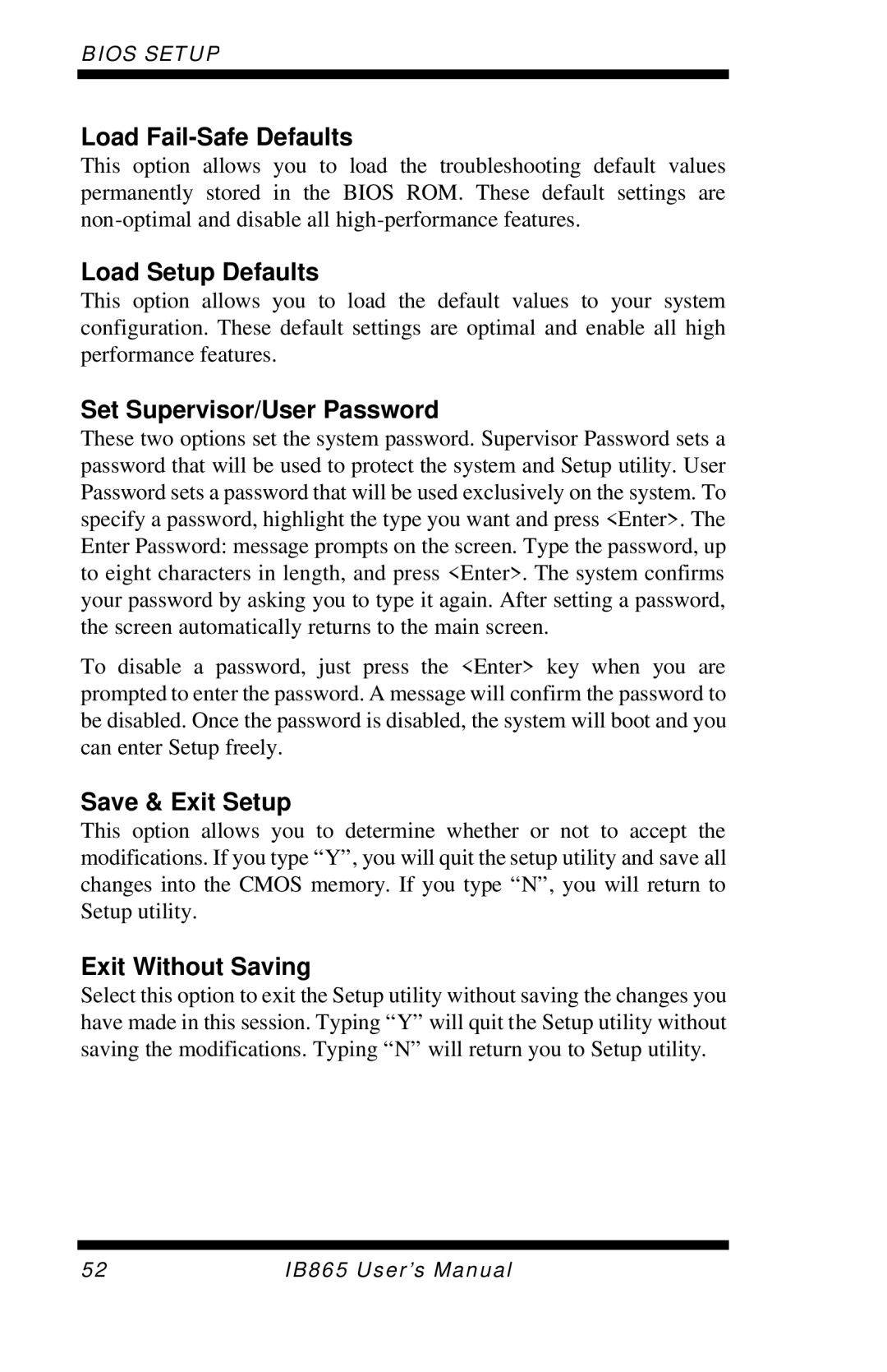 Intel IB865, 865G user manual Load Fail-Safe Defaults, Load Setup Defaults, Set Supervisor/User Password, Save & Exit Setup 