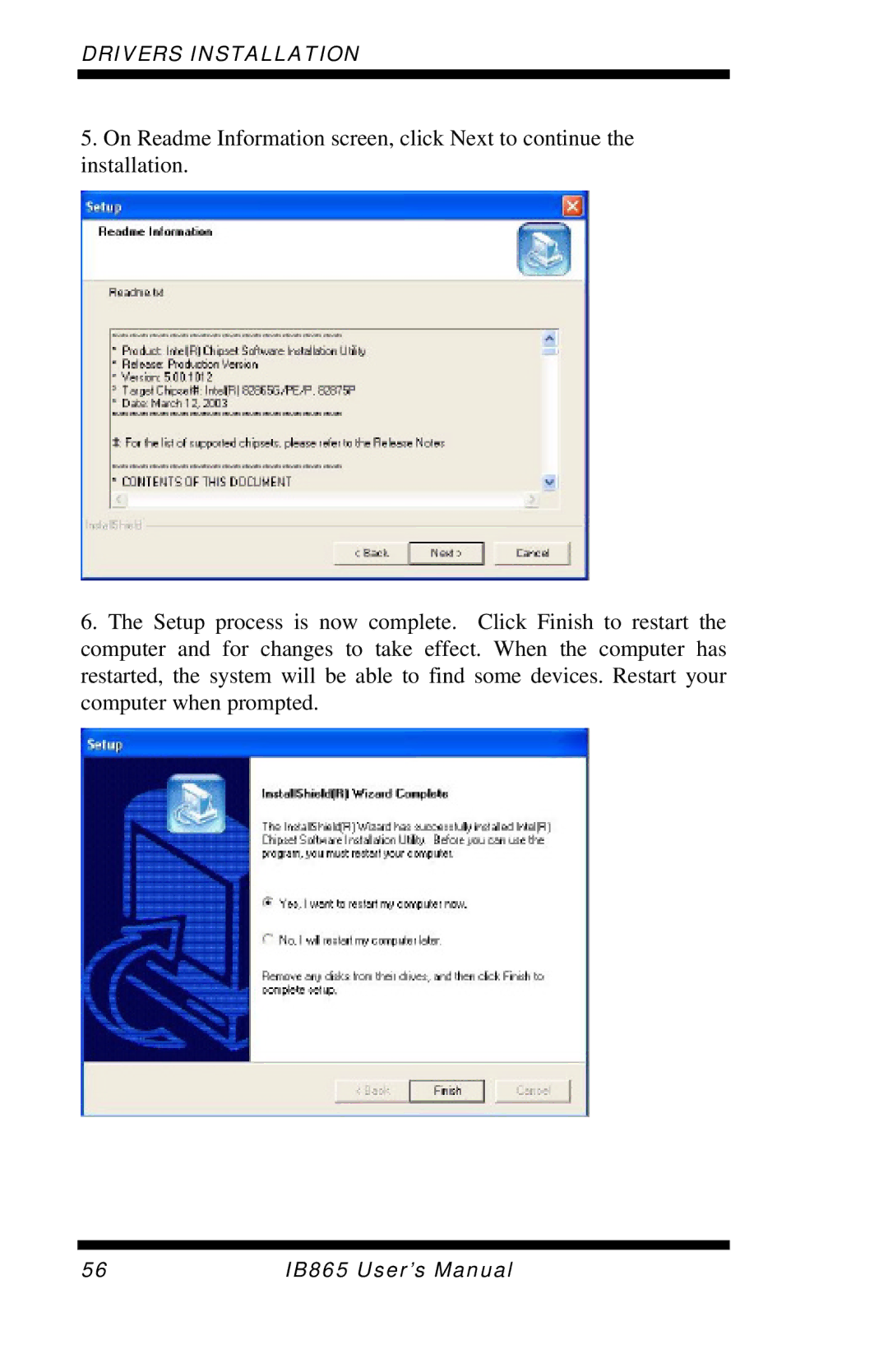 Intel IB865, 865G user manual Drivers Installation 