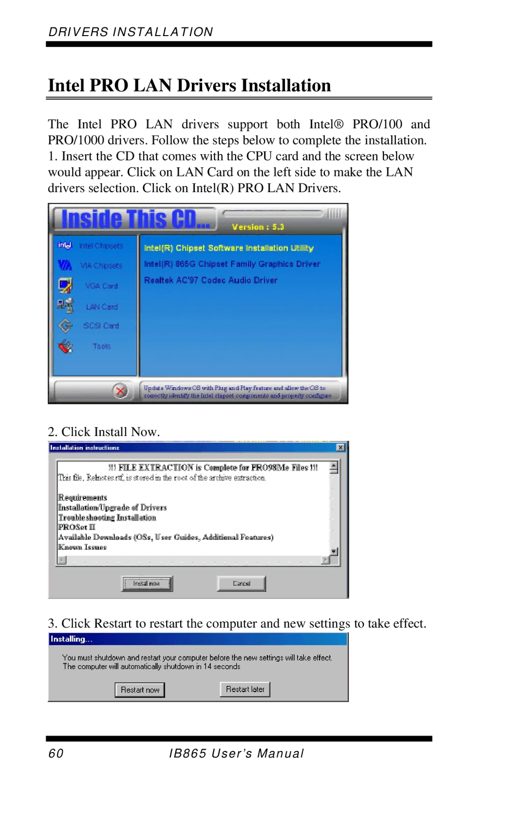 Intel IB865, 865G user manual Intel PRO LAN Drivers Installation 