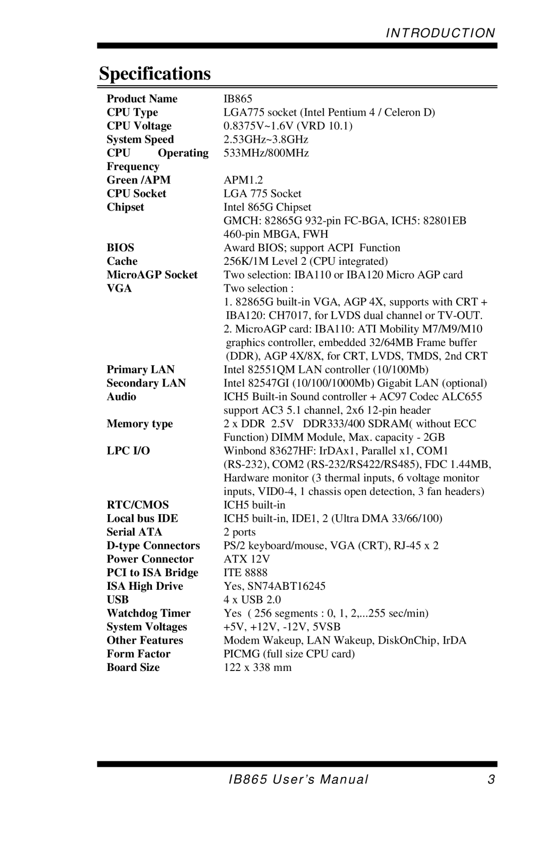 Intel 865G, IB865 user manual Specifications, Cpu 