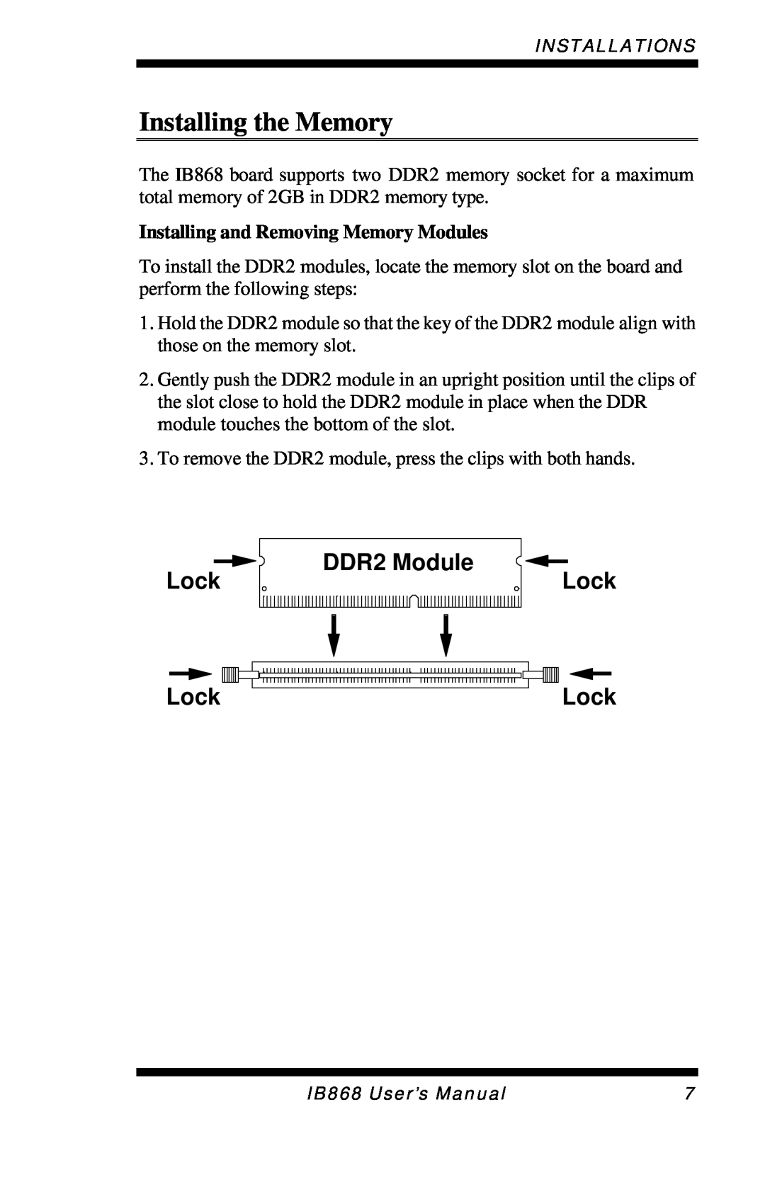 Intel IB868 user manual Installing the Memory, DDR2 Module Lock 