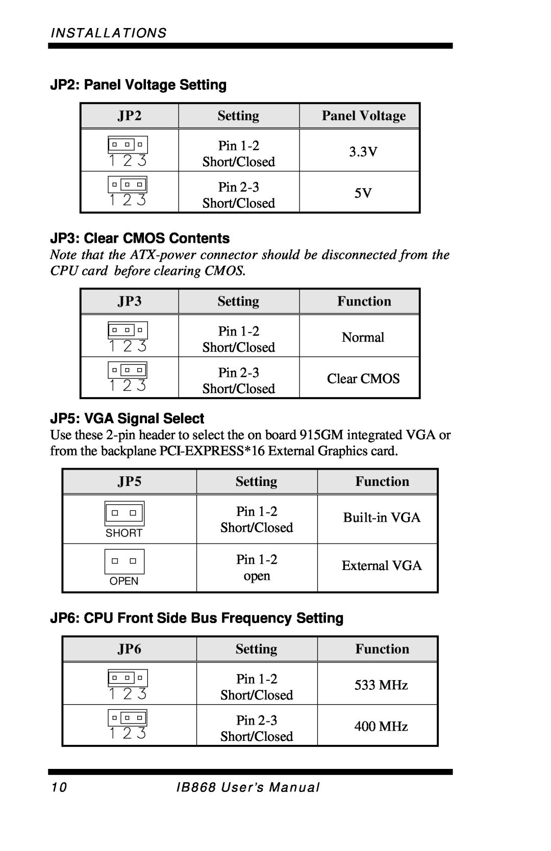 Intel IB868 user manual JP2: Panel Voltage Setting, JP3: Clear CMOS Contents, JP5: VGA Signal Select 