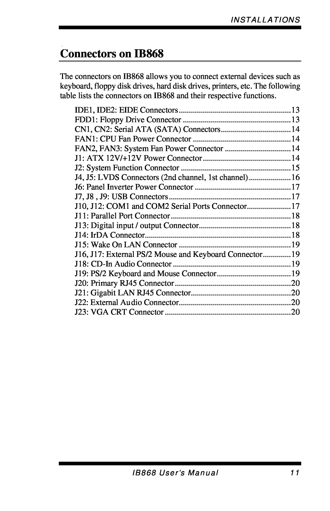 Intel user manual Connectors on IB868 
