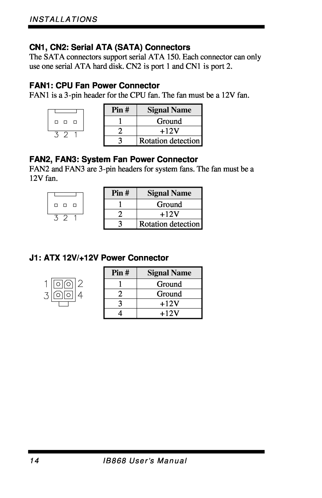 Intel IB868 CN1, CN2: Serial ATA SATA Connectors, FAN1: CPU Fan Power Connector, FAN2, FAN3: System Fan Power Connector 