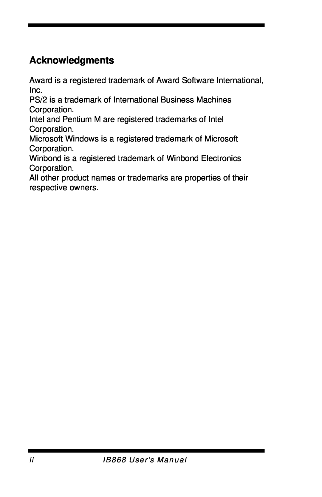 Intel user manual Acknowledgments, IB868 User’s Manual 