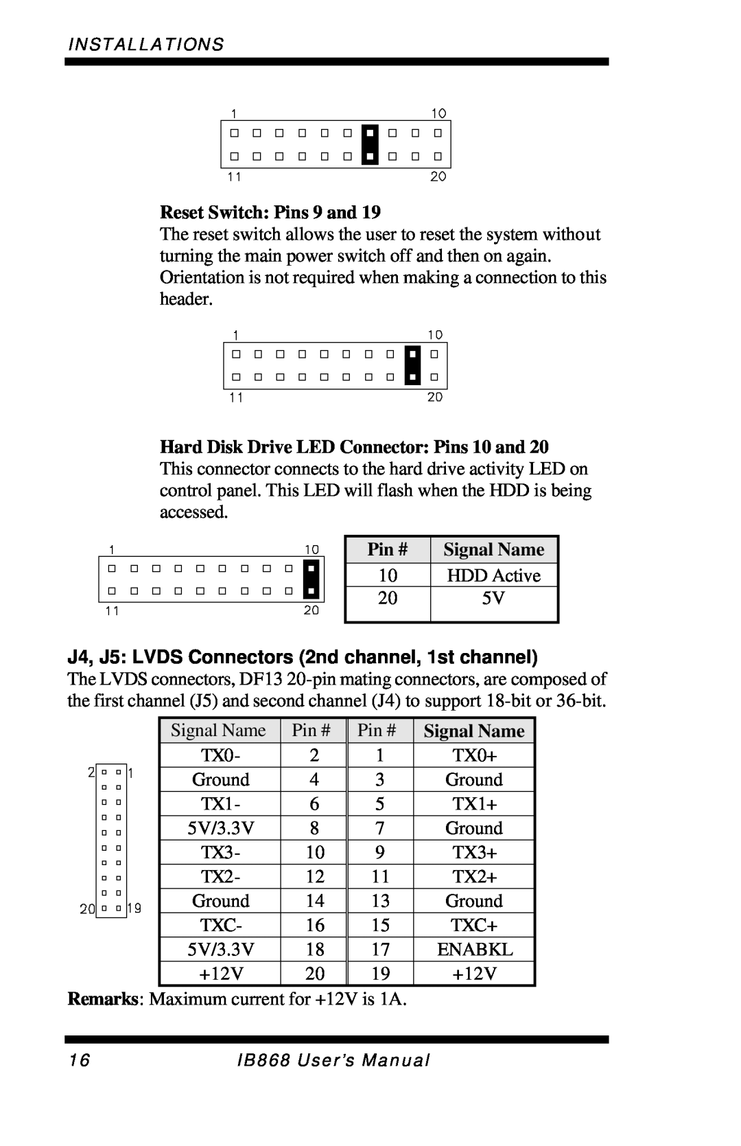 Intel IB868 user manual J4, J5: LVDS Connectors 2nd channel, 1st channel, Reset Switch: Pins 9 and, Pin #, Signal Name 