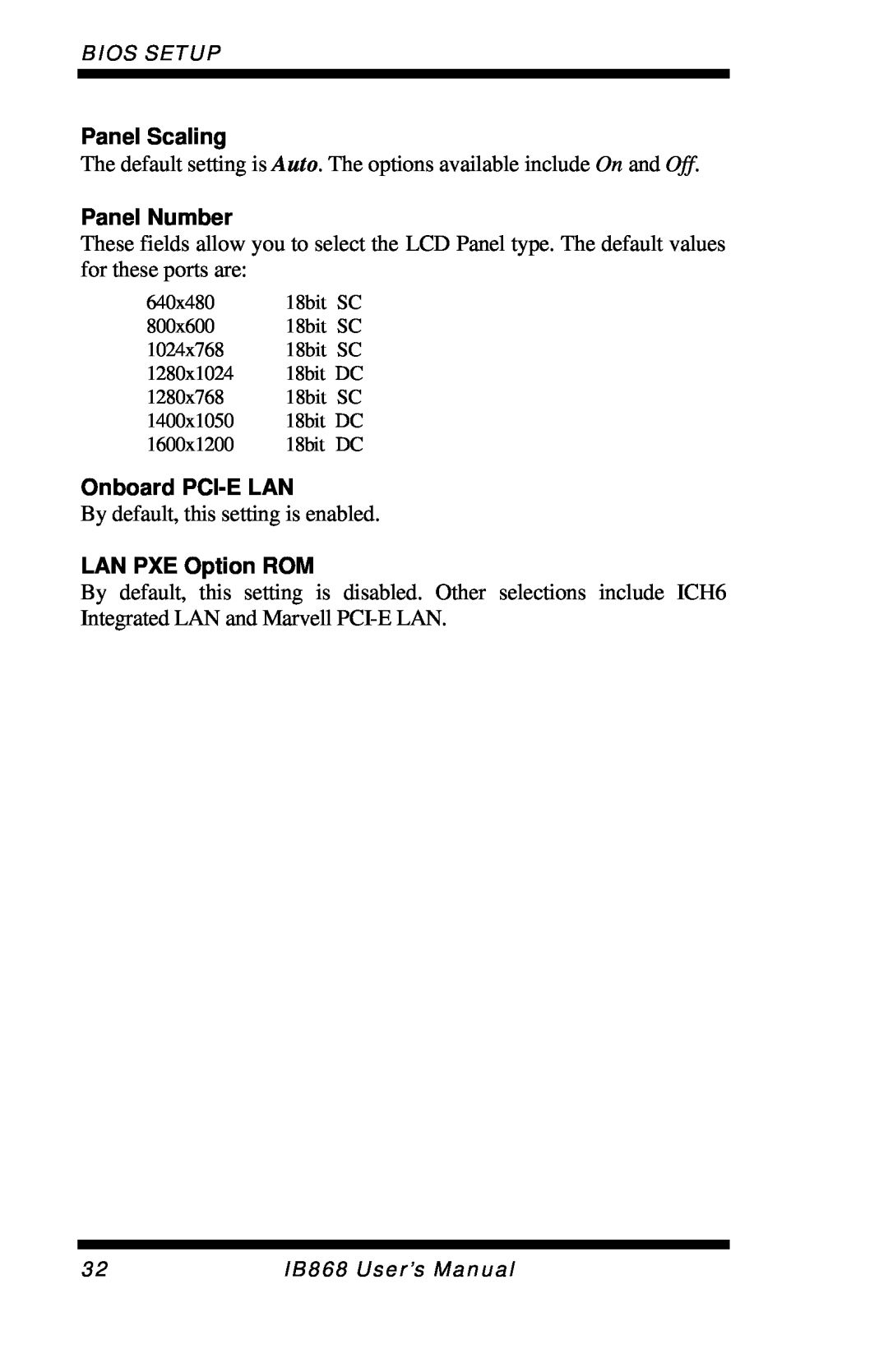 Intel IB868 user manual Panel Scaling, Panel Number, Onboard PCI-ELAN, LAN PXE Option ROM 