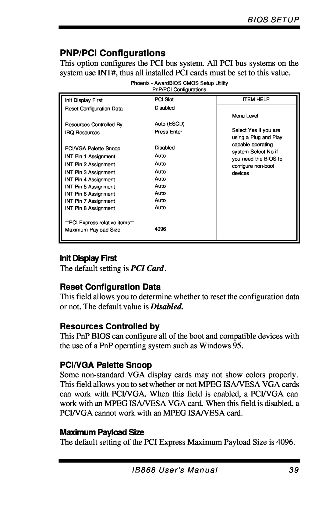 Intel IB868 user manual PNP/PCI Configurations, Init Display First, Reset Configuration Data, Resources Controlled by 