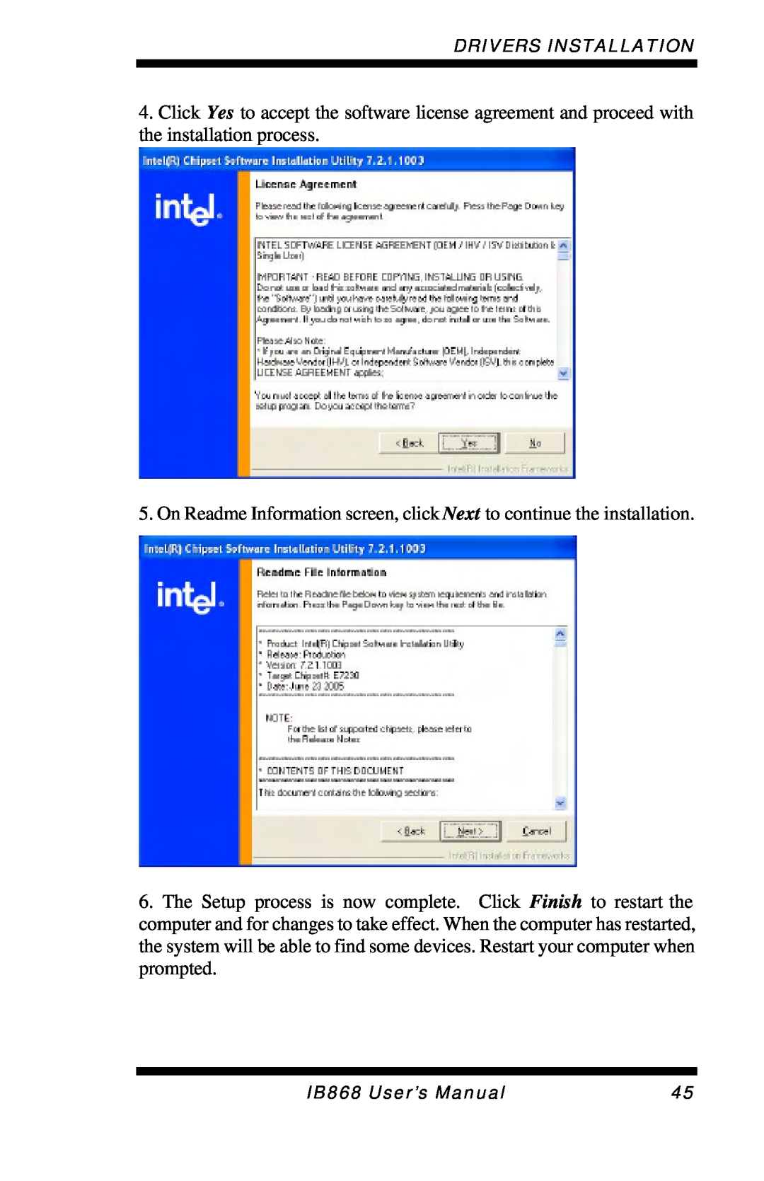 Intel user manual Drivers Installation, IB868 User’s Manual 