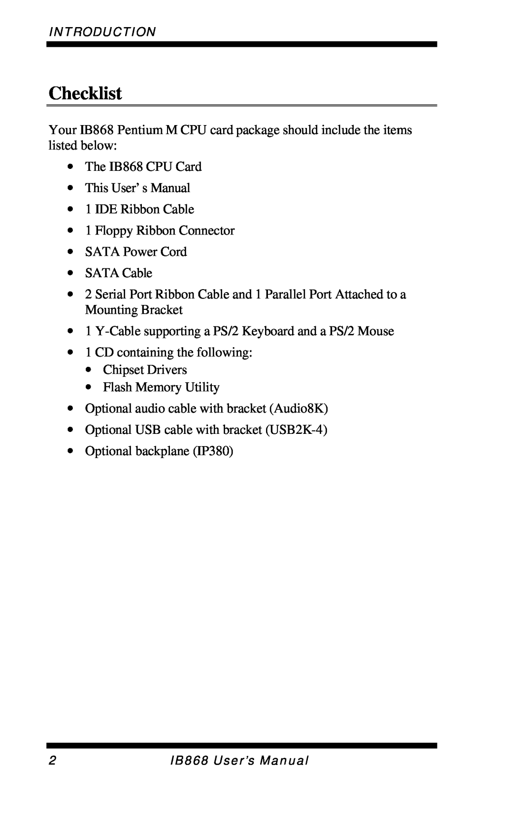 Intel IB868 user manual Checklist 