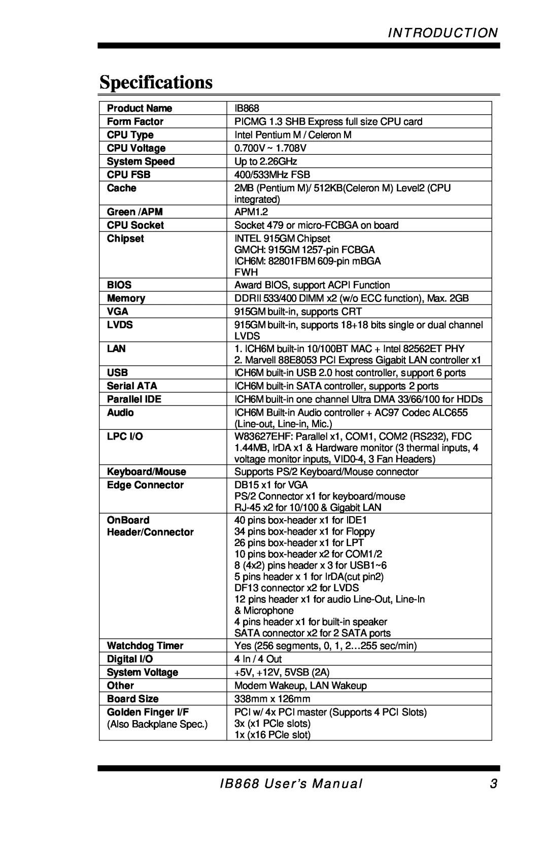 Intel user manual Specifications, Introduction, IB868 User’s Manual 