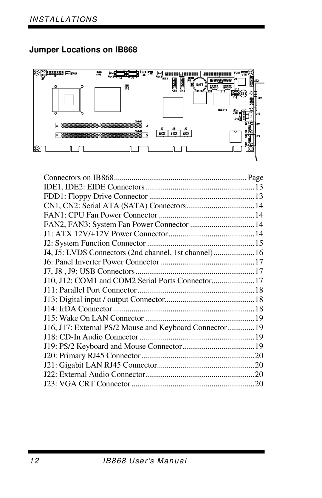 Intel IB868 user manual J1 ATX 12V/+12V Power Connector J2 System Function Connector 