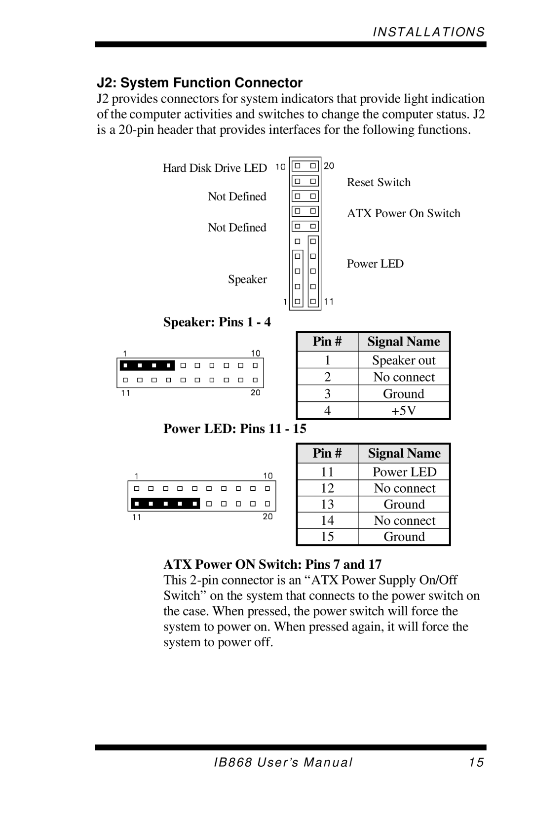 Intel IB868 user manual J2 System Function Connector, ATX Power on Switch Pins 7 