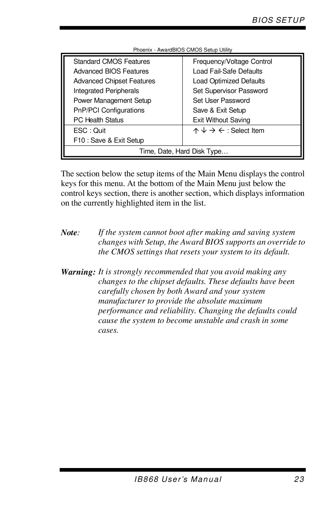 Intel IB868 user manual Phoenix AwardBIOS Cmos Setup Utility 