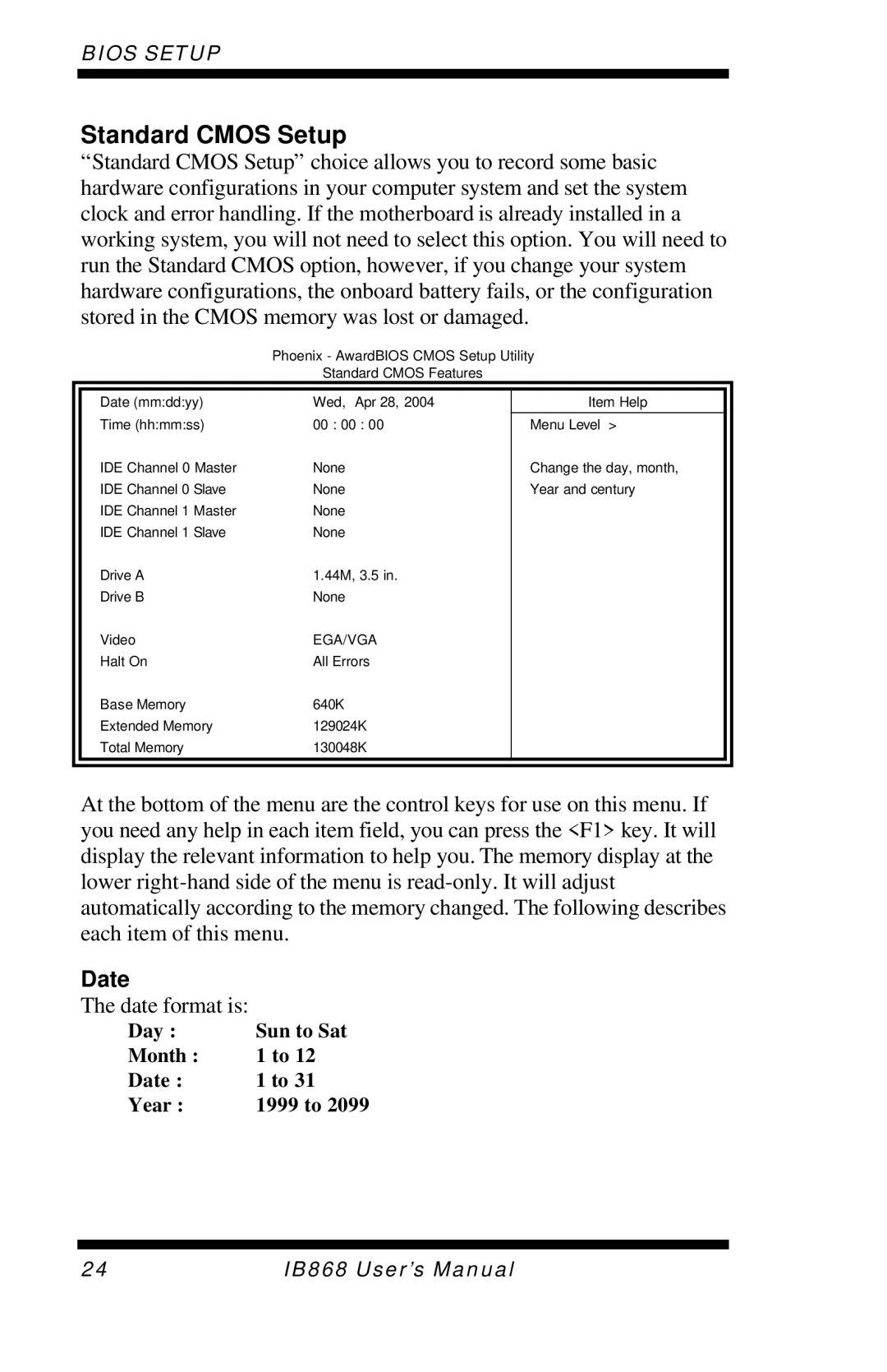 Intel IB868 user manual Standard Cmos Setup, Date 