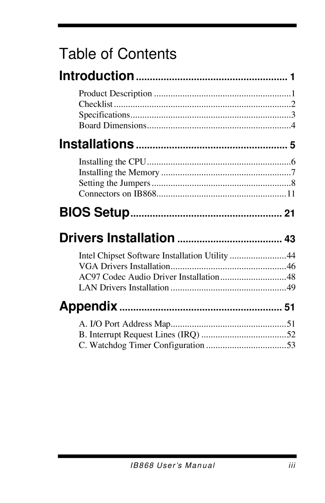 Intel IB868 user manual Table of Contents 