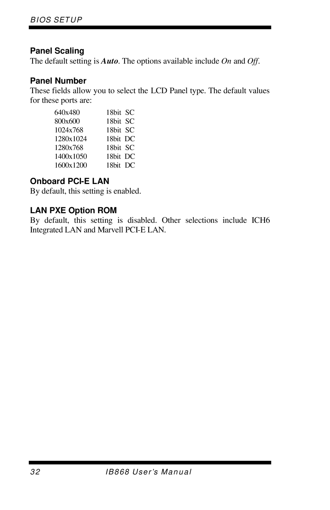 Intel IB868 user manual Panel Scaling, Panel Number, Onboard PCI-E LAN, LAN PXE Option ROM 