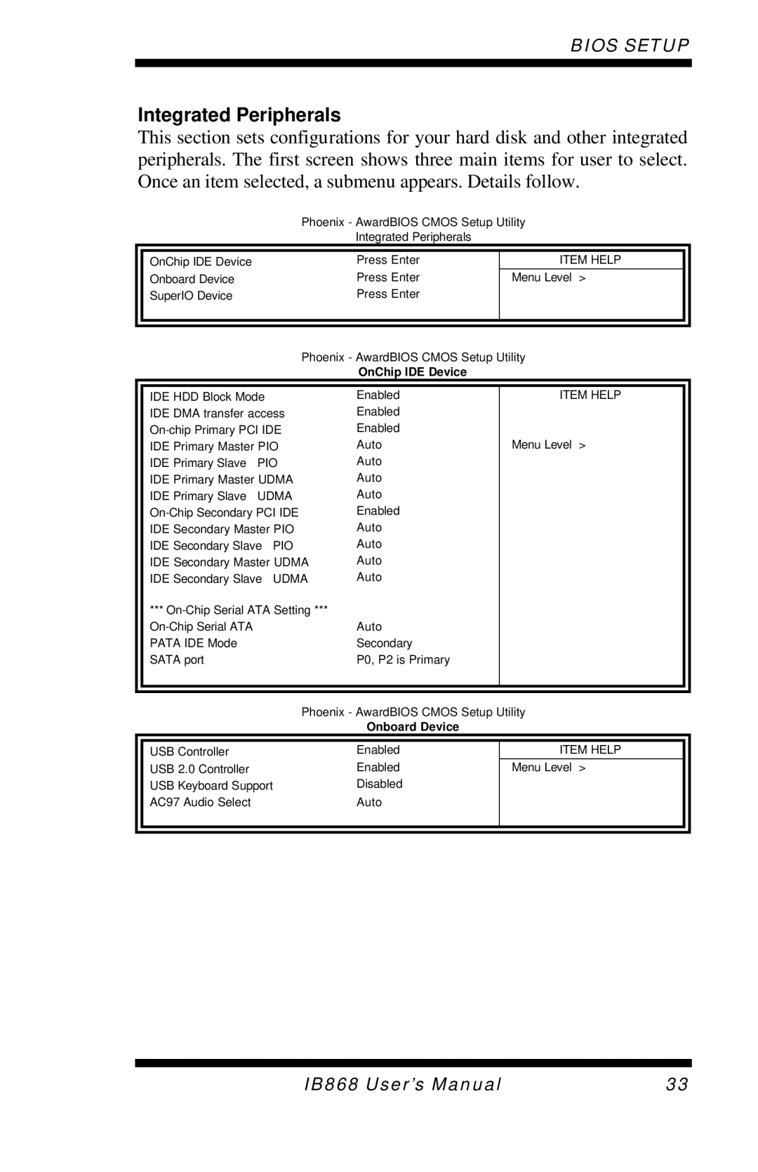 Intel IB868 user manual Integrated Peripherals, OnChip IDE Device 