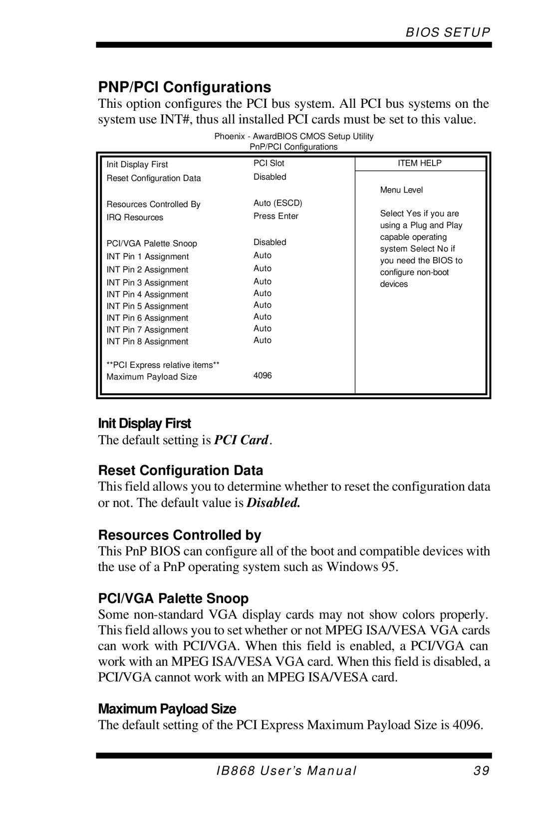 Intel IB868 user manual PNP/PCI Configurations 