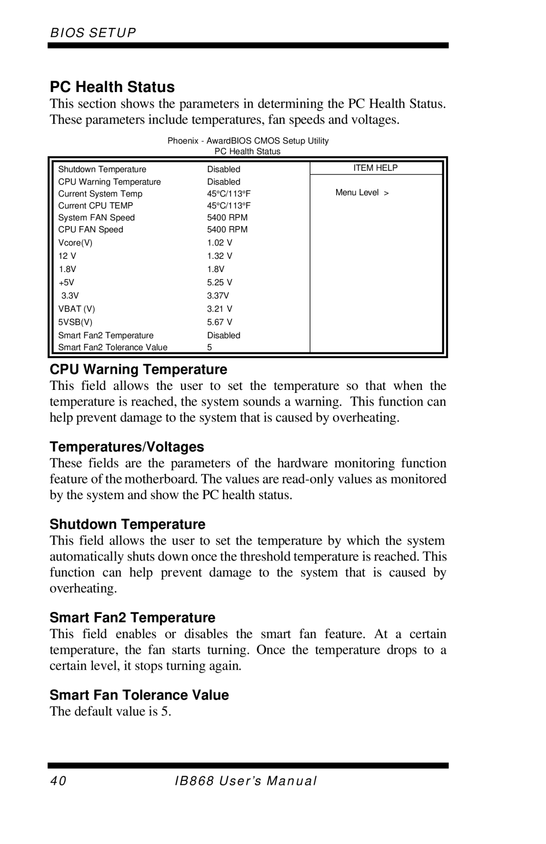 Intel IB868 user manual PC Health Status 