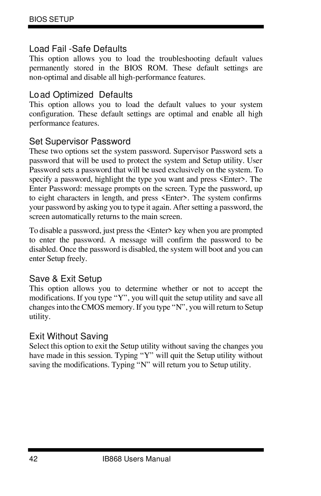 Intel IB868 user manual Load Fail-Safe Defaults, Load Optimized Defaults, Set Supervisor Password, Save & Exit Setup 