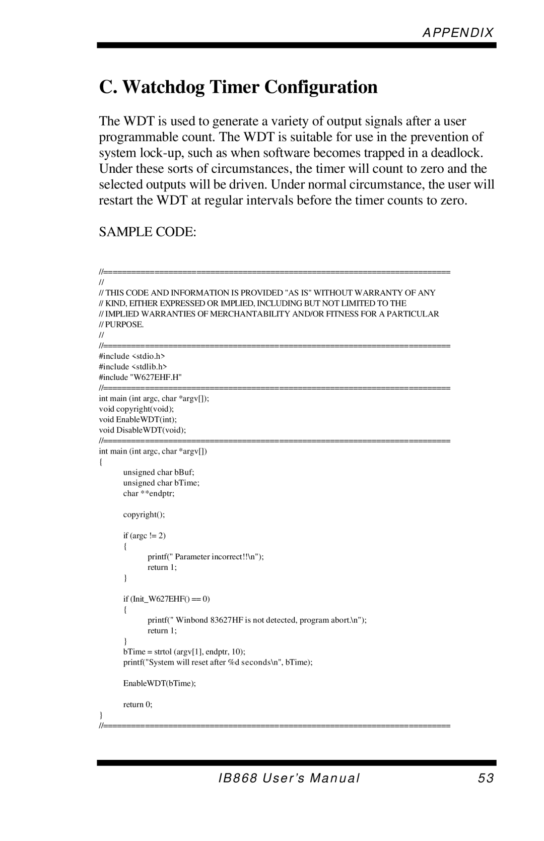 Intel IB868 user manual Watchdog Timer Configuration, Sample Code 