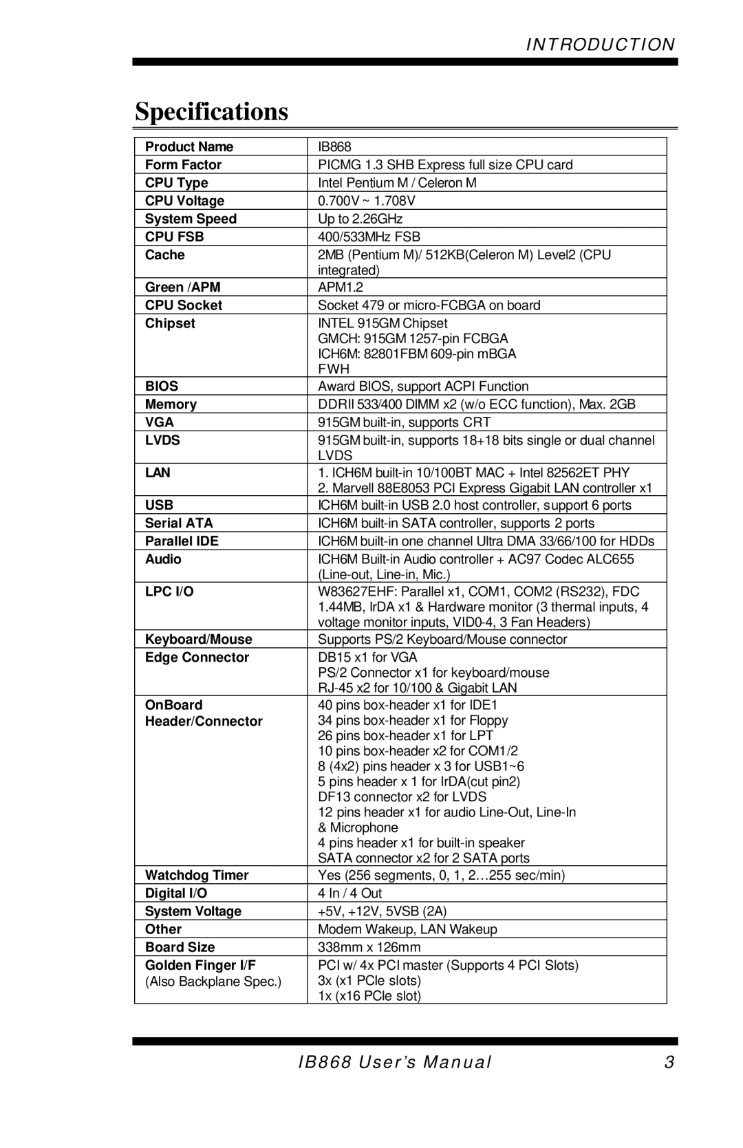 Intel IB868 user manual Specifications, Cpu Fsb 