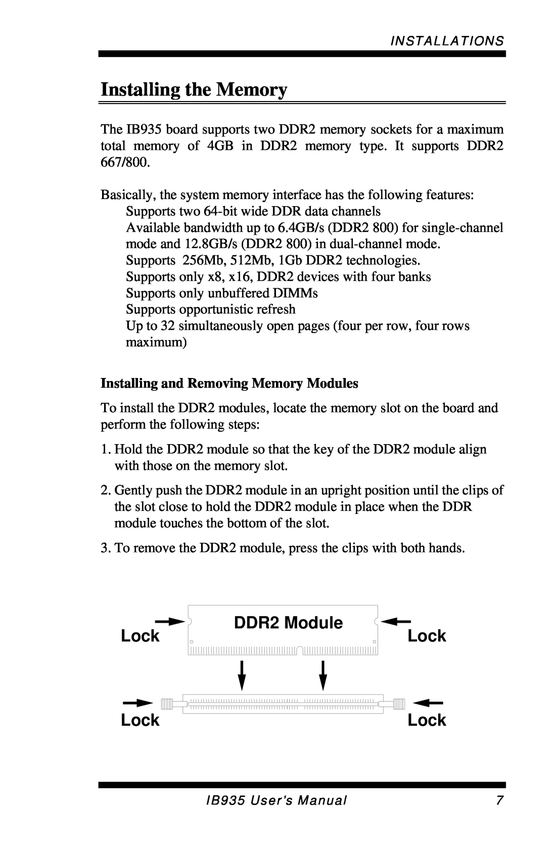 Intel IB935 user manual Installing the Memory, DDR2 Module Lock 